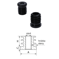 Plastová zátka z kulaté trubky s maticí M8 (A-25 mm, H-25 mm, C-5 mm), černá, tloušťka stěny 1,5-2 mm